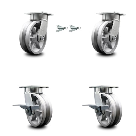 Service Caster 6 Inch Kingpinless V Groove Semi Steel Wheel Caster Swivel Locks 2 Brakes, 2PK SCC-KP30S620-VGR-BSL-2-SLB-2